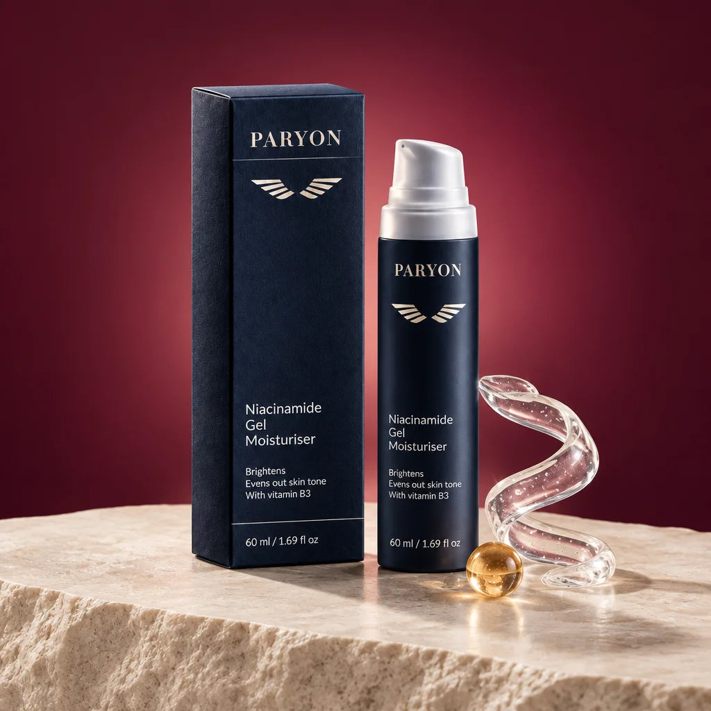 PARYON Niacinamide Gel Moisturiser bottle and carton, exact from ref r02, large and upright on a pal
