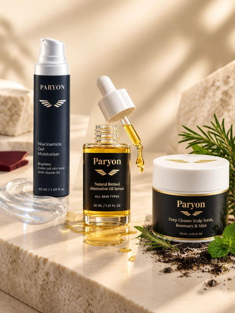 PARYON Niacinamide Gel Moisturiser bottle, Natural Retinol Alternative Oil Serum bottle, and Deep Cl