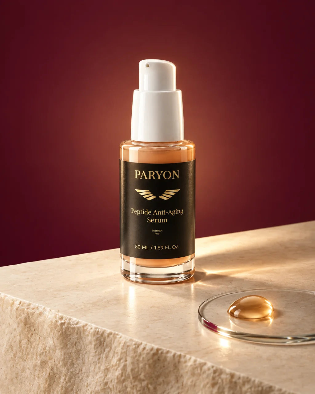 PARYON Peptide Anti-Aging Serum bottle, exact from ref r03, large and upright on a warm cream stone