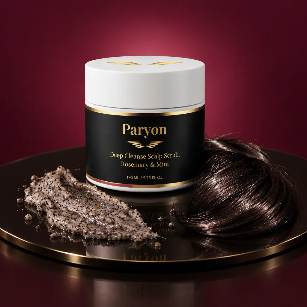 PARYON Deep Cleanse Scalp Scrub jar, exact from ref r00, large and sharp on a dark glass plate. Besi