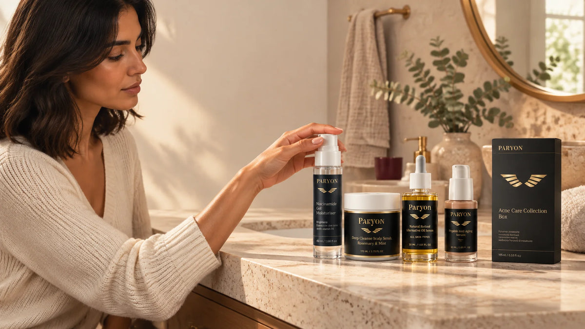 PARYON skincare family: the exact Niacinamide Gel Moisturiser bottle and carton, Scalp Scrub jar, oi