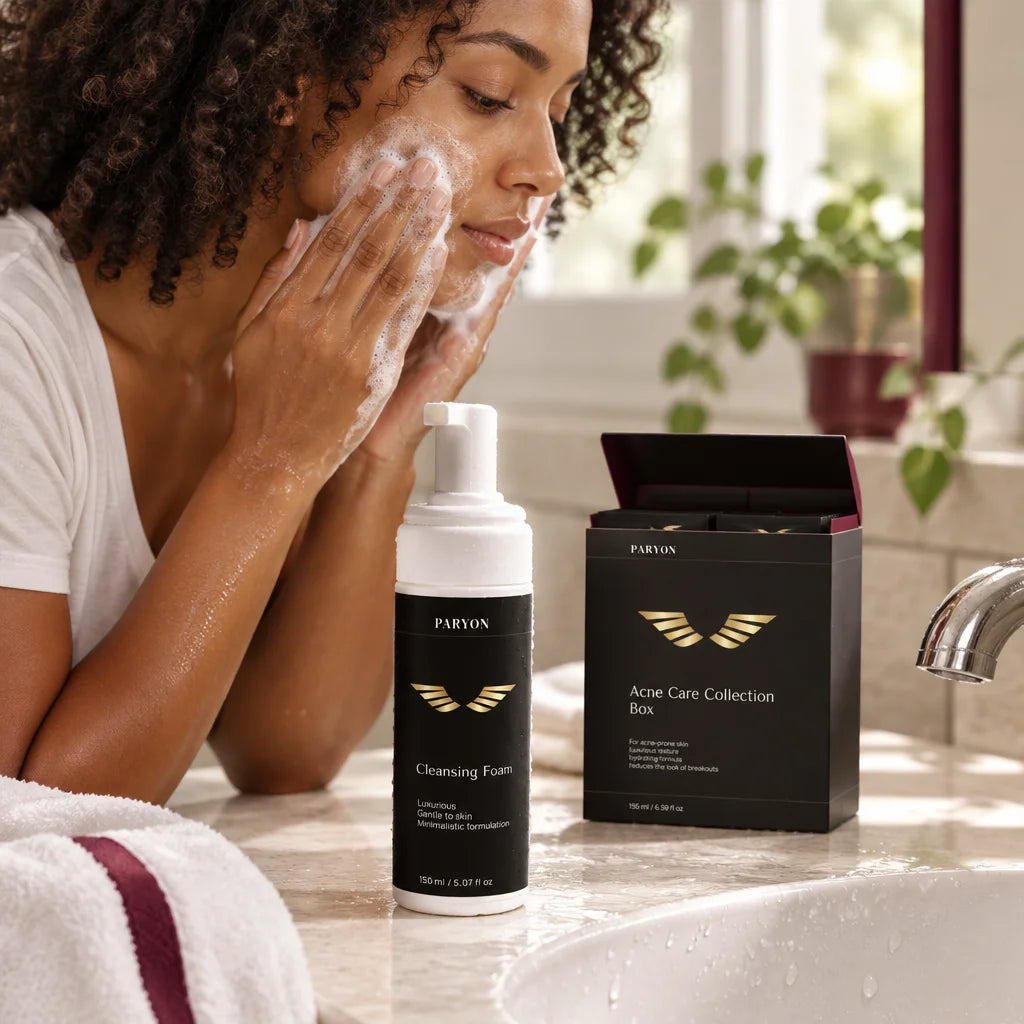 PARYON Cleansing Foam bottle, exact from ref r19, large in the foreground on a real bathroom counter