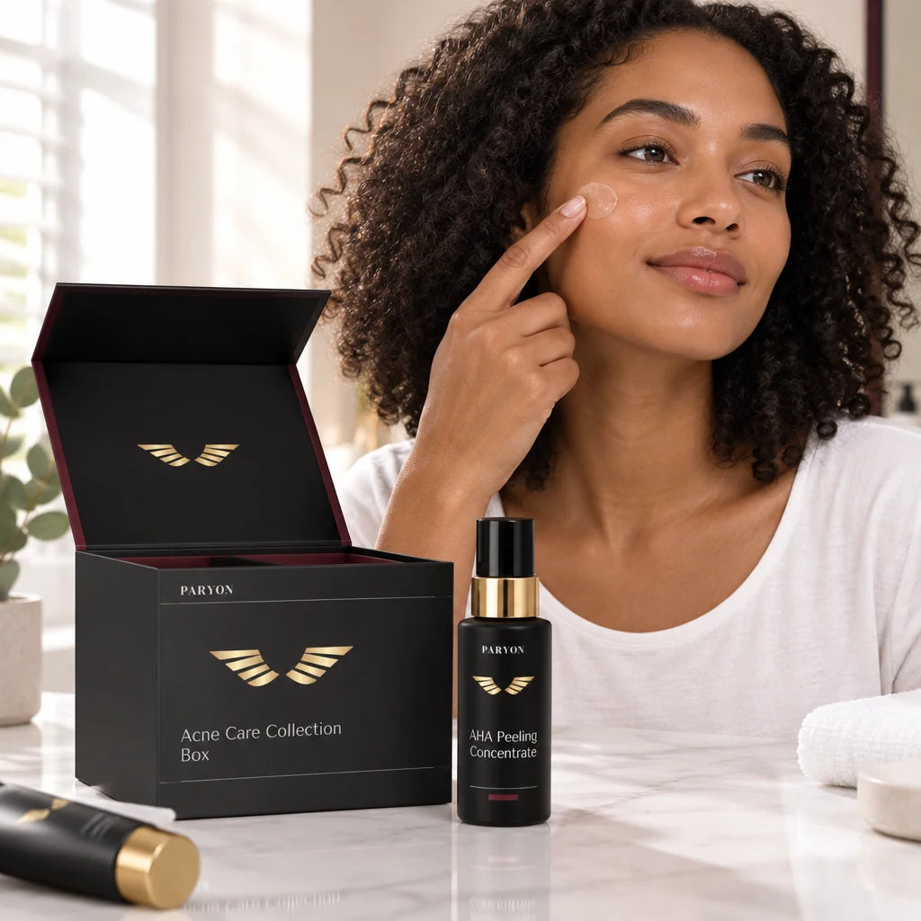 The PARYON Acne Care Collection Box, exact from ref r04, is open and large beside a simple black-and