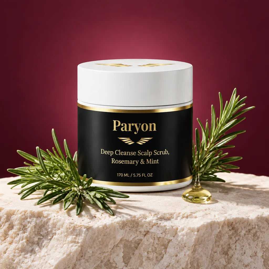 PARYON Deep Cleanse Scalp Scrub jar, exact from ref r00, large and upright on a pale mineral slab. F