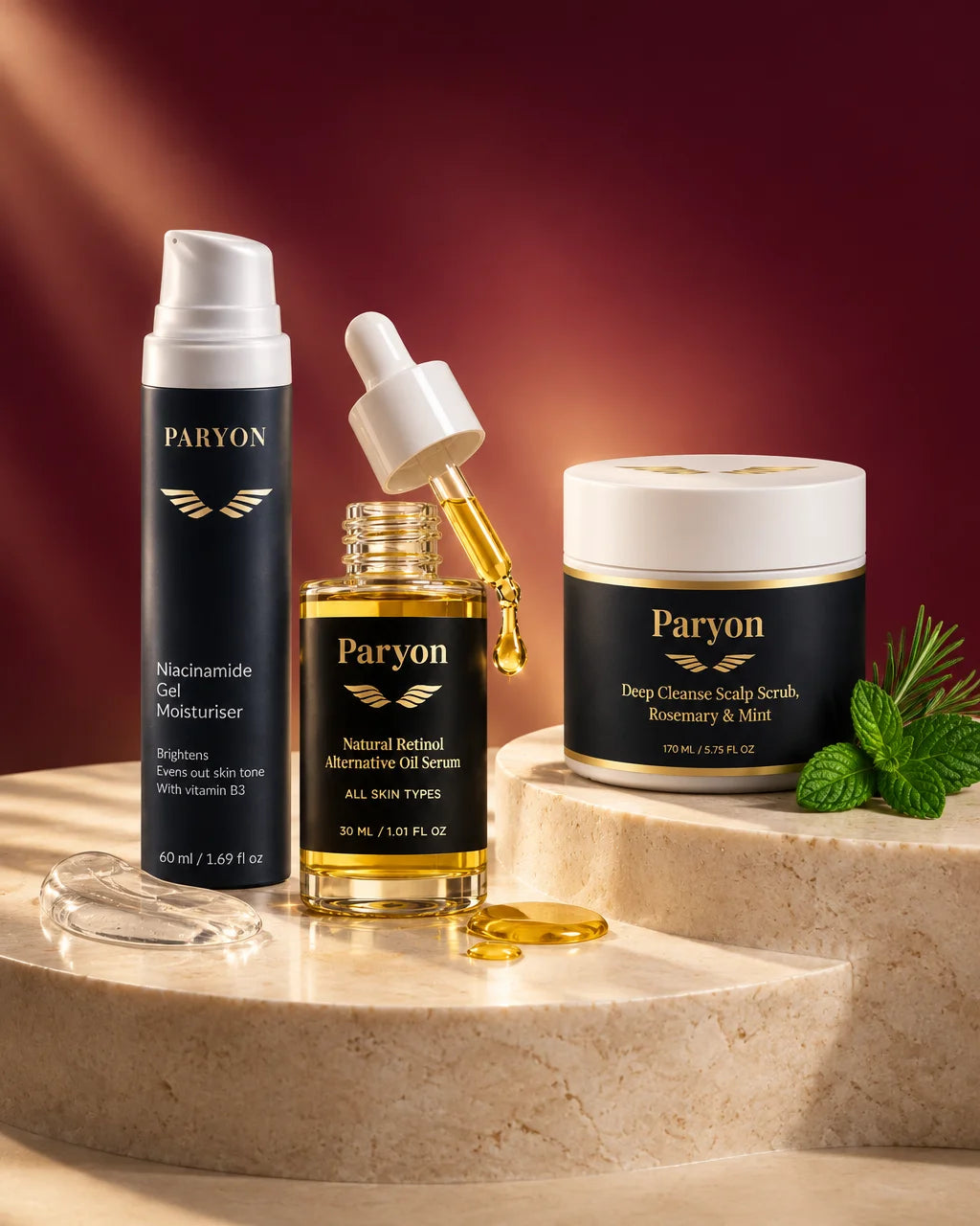 PARYON Niacinamide Gel Moisturiser bottle, Natural Retinol Alternative Oil Serum bottle, and Deep Cl