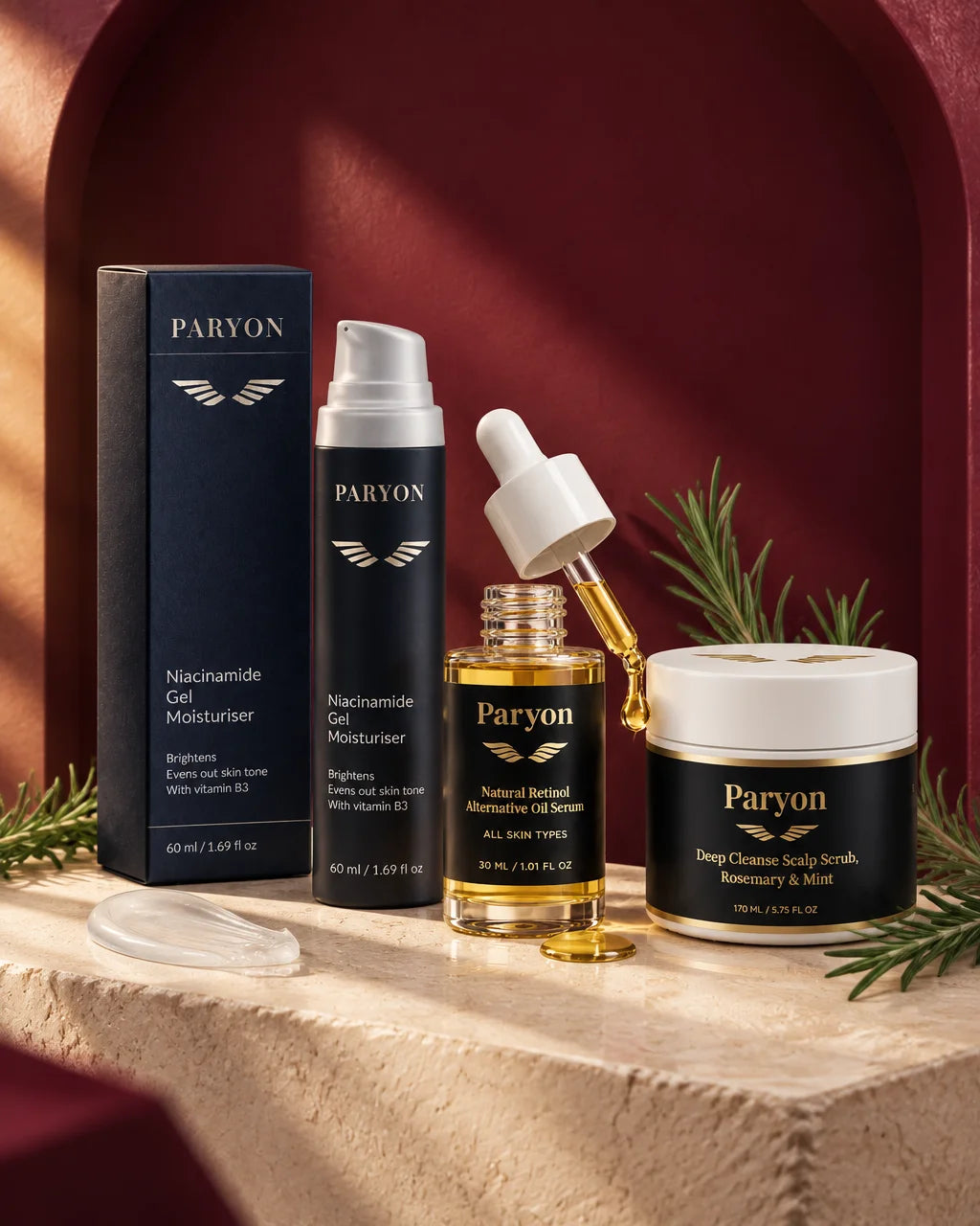 PARYON skincare selection: the dark navy Niacinamide Gel Moisturiser bottle and carton, the black-an