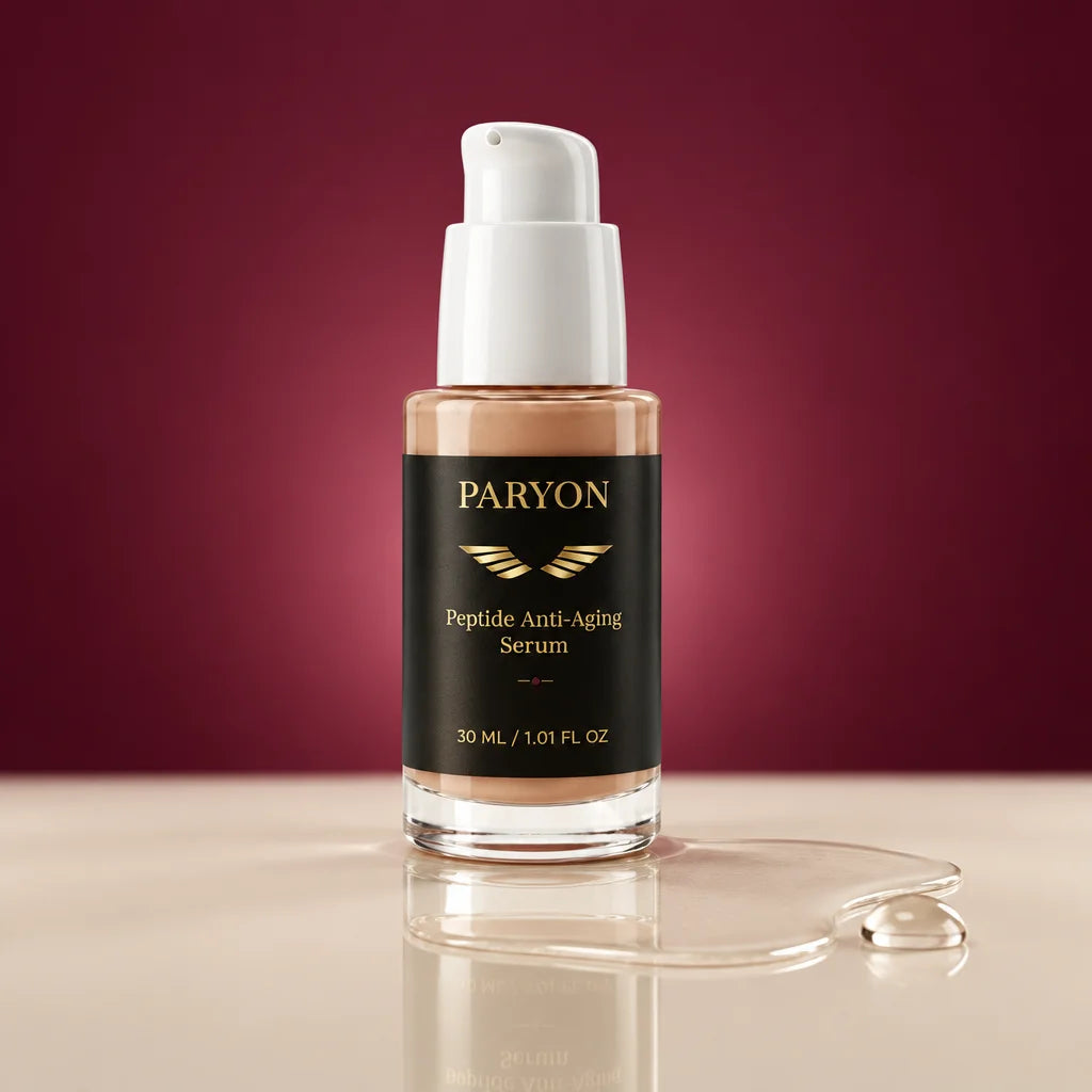 PARYON Peptide Anti-Aging Serum bottle, exact from ref r03, large and upright on a clear glass surfa