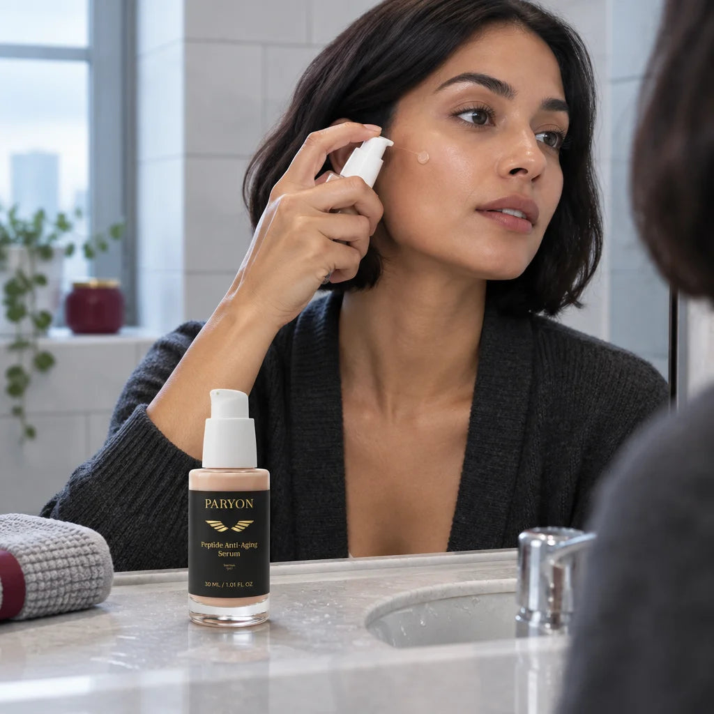 PARYON Peptide Anti-Aging Serum bottle, exact from ref r03, large and sharp in the foreground. A wom