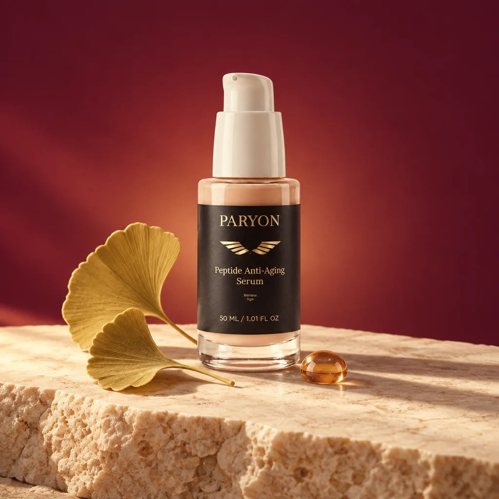 PARYON Peptide Anti-Aging Serum bottle, exact from ref r03, large and sharp on a warm mineral slab.