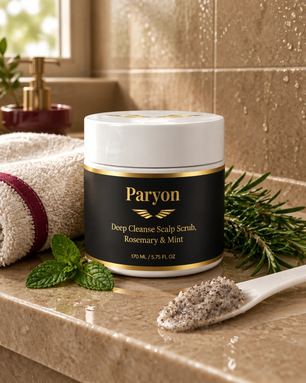 PARYON Deep Cleanse Scalp Scrub jar, exact from ref r00, large and sharp in the foreground. The same