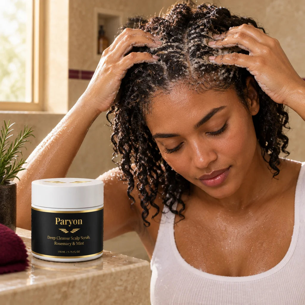 PARYON Deep Cleanse Scalp Scrub jar, exact from ref r00, large and sharp on the shower ledge. The sa