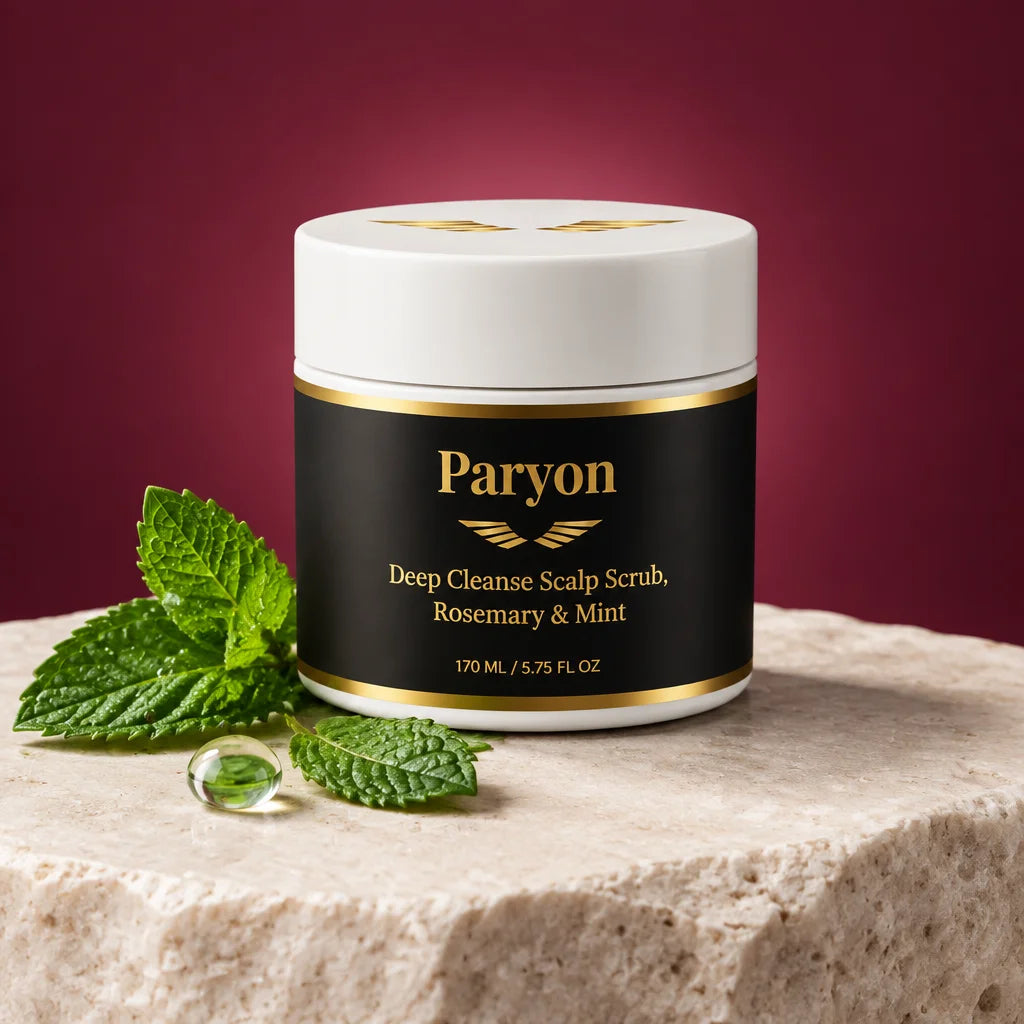 PARYON Deep Cleanse Scalp Scrub jar, exact from ref r00, large and upright on a cool cream stone sla