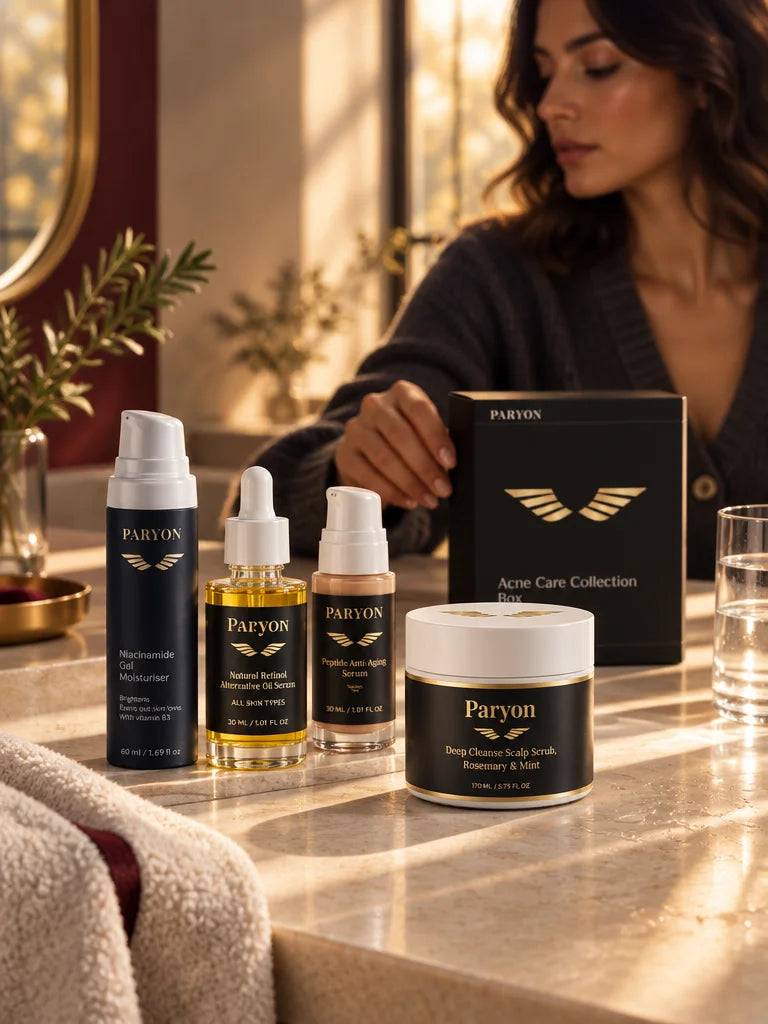 PARYON Niacinamide Gel Moisturiser bottle, oil serum bottle, Peptide Serum bottle, Scalp Scrub jar,