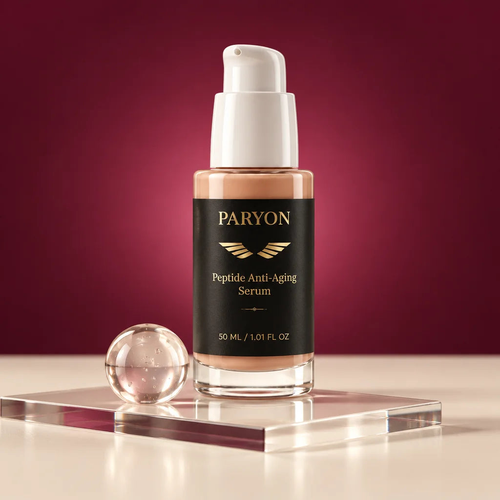 PARYON Peptide Anti-Aging Serum bottle, exact from ref r03, large and upright on a clear glass slab.