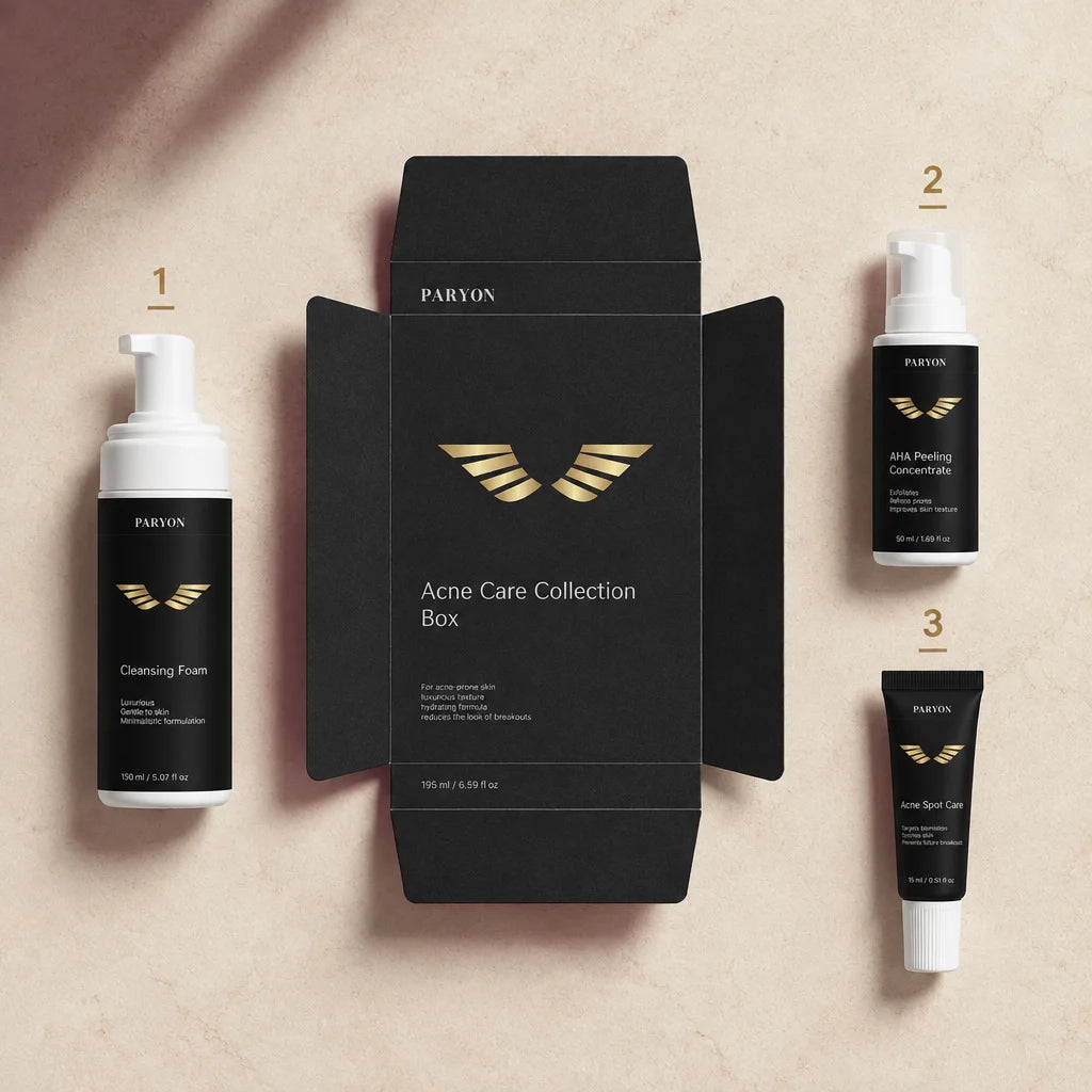 PARYON Acne Care Collection Box, exact from ref r04, opened and laid flat on a cream stone surface v