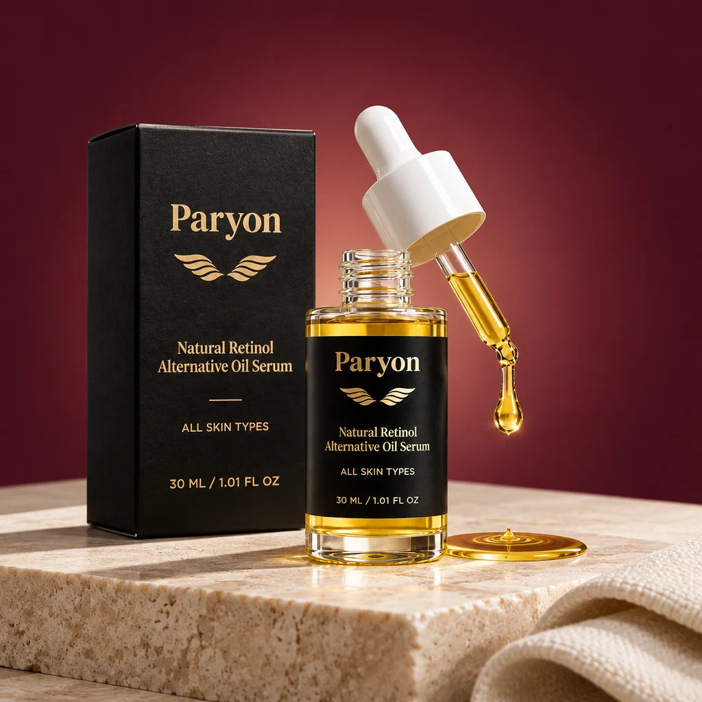 PARYON Natural Retinol Alternative Oil Serum bottle, carton, and white dropper, exact from ref r01,