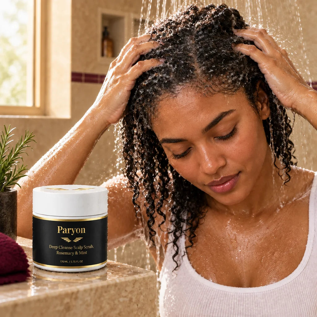 Keep the same woman, bathroom, shower ledge, morning light, camera distance, and PARYON Deep Cleanse