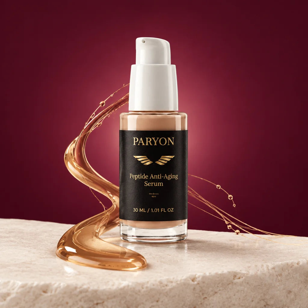 PARYON Peptide Anti-Aging Serum bottle, exact from ref r03, large and upright on a pale stone surfac
