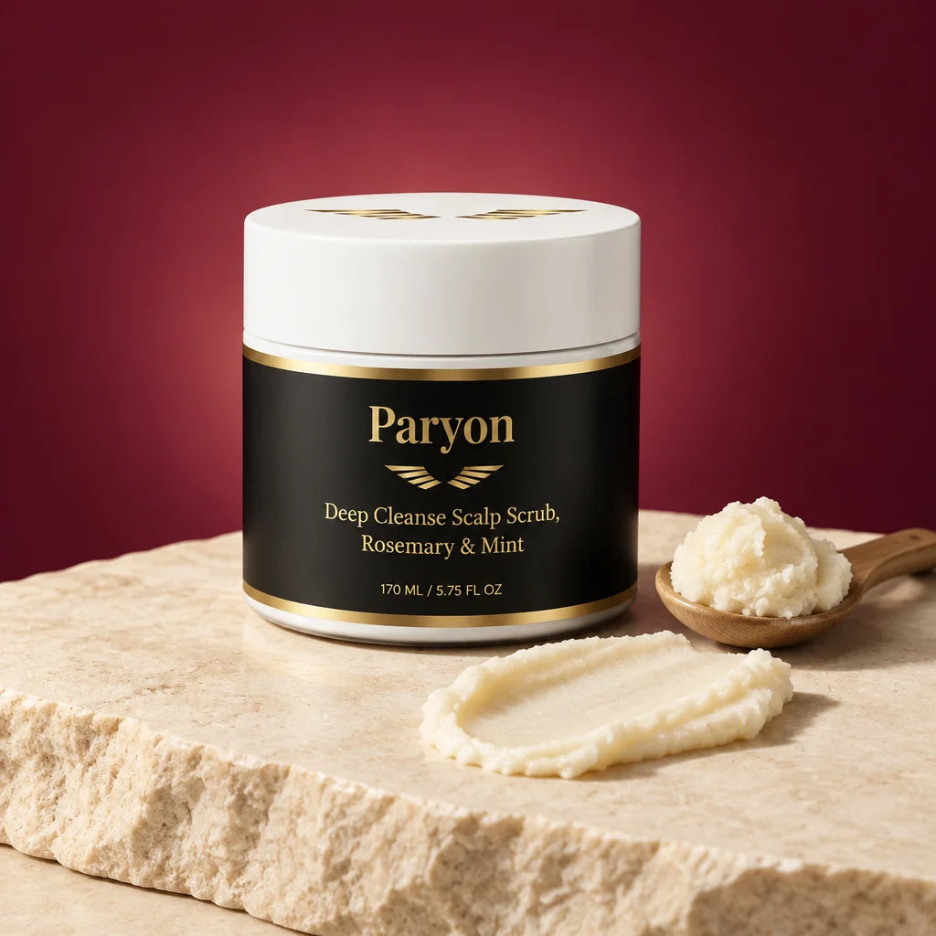 PARYON Deep Cleanse Scalp Scrub jar, exact from ref r00, large and upright on a warm cream stone sla