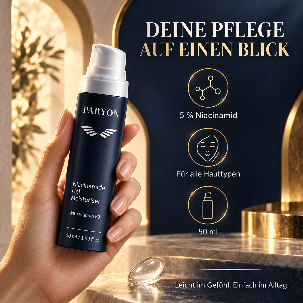 PARYON Niacinamide Gel Moisturiser – 5 % Niacinamid, alle Hauttypen, 50 ml