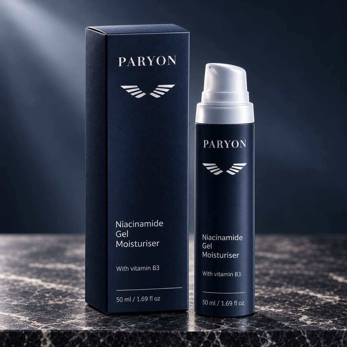 PARYON Niacinamide Gel Moisturiser 50 ml – Flasche und Karton