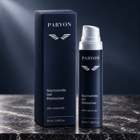 PARYON Niacinamide Gel Moisturiser 50 ml – Flasche und Karton